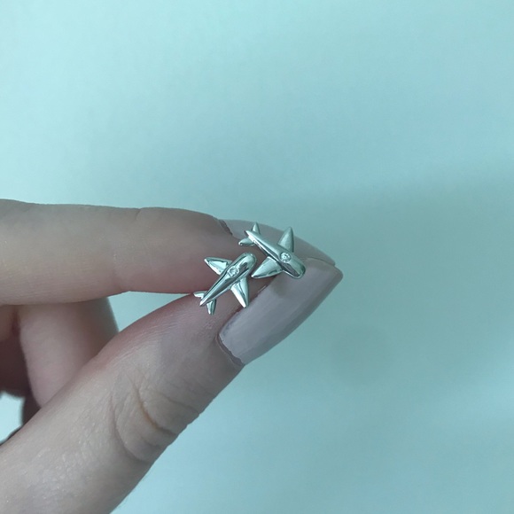 925 Sterling Silver Airplane Stud Earrings - Picture 6 of 7